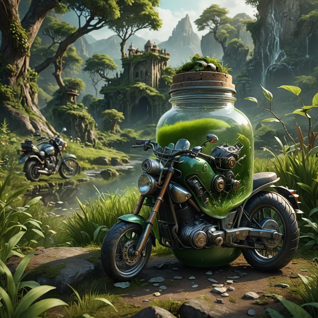 Fantasy Jar: Motorbike in Green Landscape