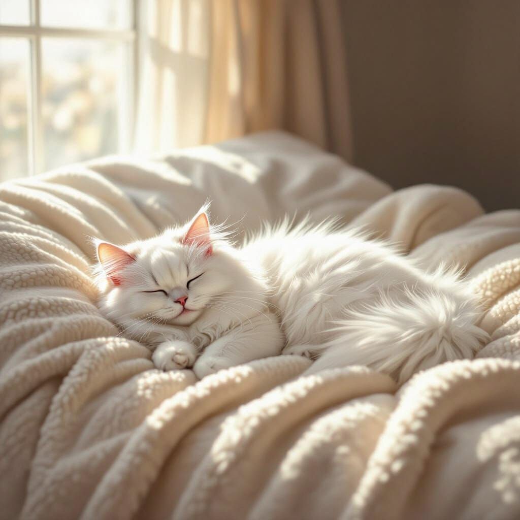 Fluffy White Cat Relaxing on Cream Blanket