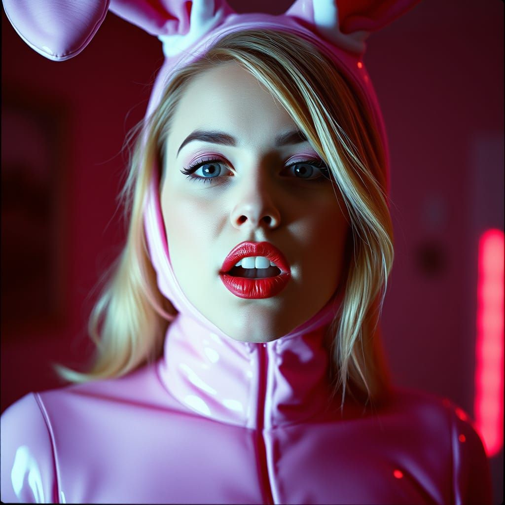 Cinematic Blonde Bunny in Latex Suit