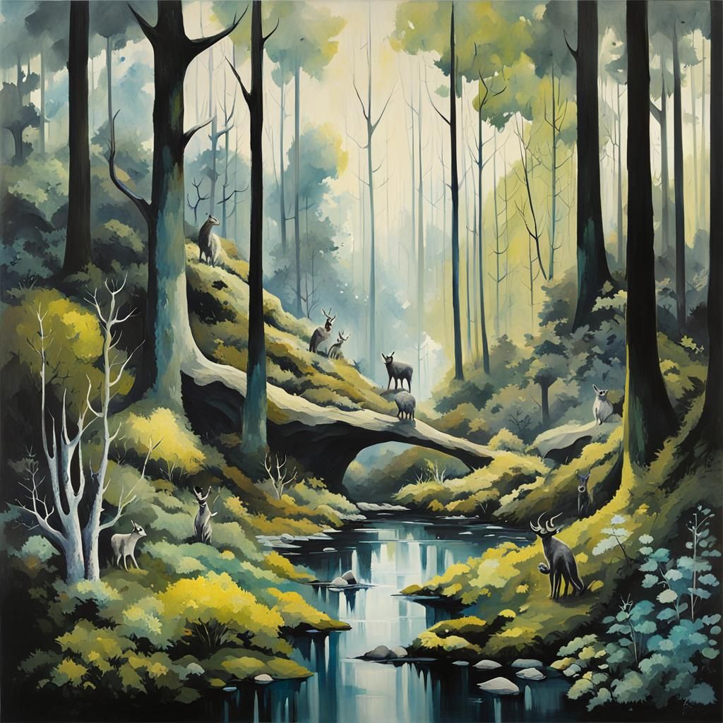 Enchanted Forest Painting with Animals in Acrylic Style
