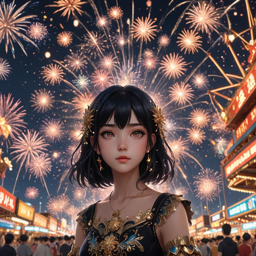 Anime Girl at Carnival with Fireworks