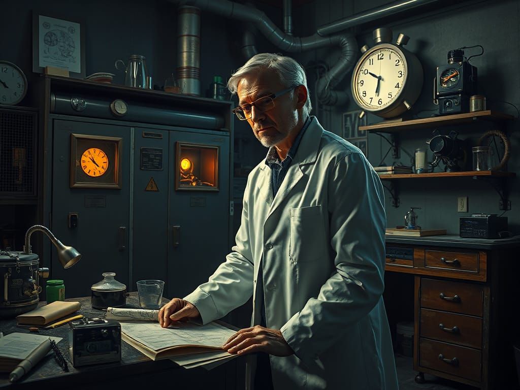 Surreal Evil Scientist in Hyperrealistic Secret Lab