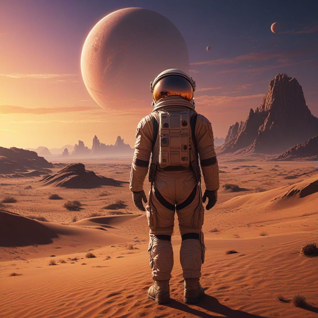 Astronaut Explores Alien Desert with Double Sunset