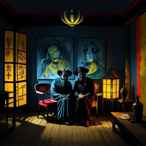 Expressionist Haunted House with Clowns as Oil Painting