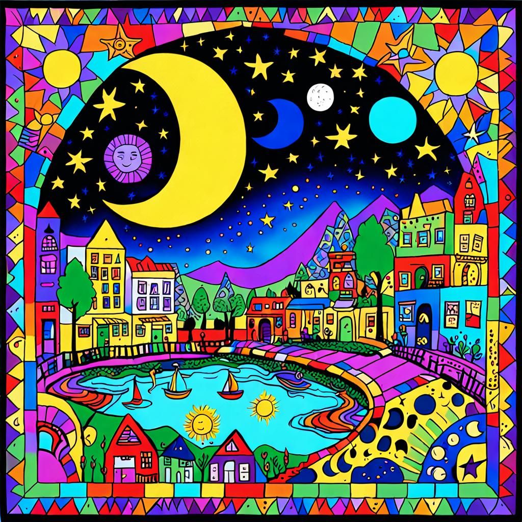 Crescent Moon with Sun and Moon Faces