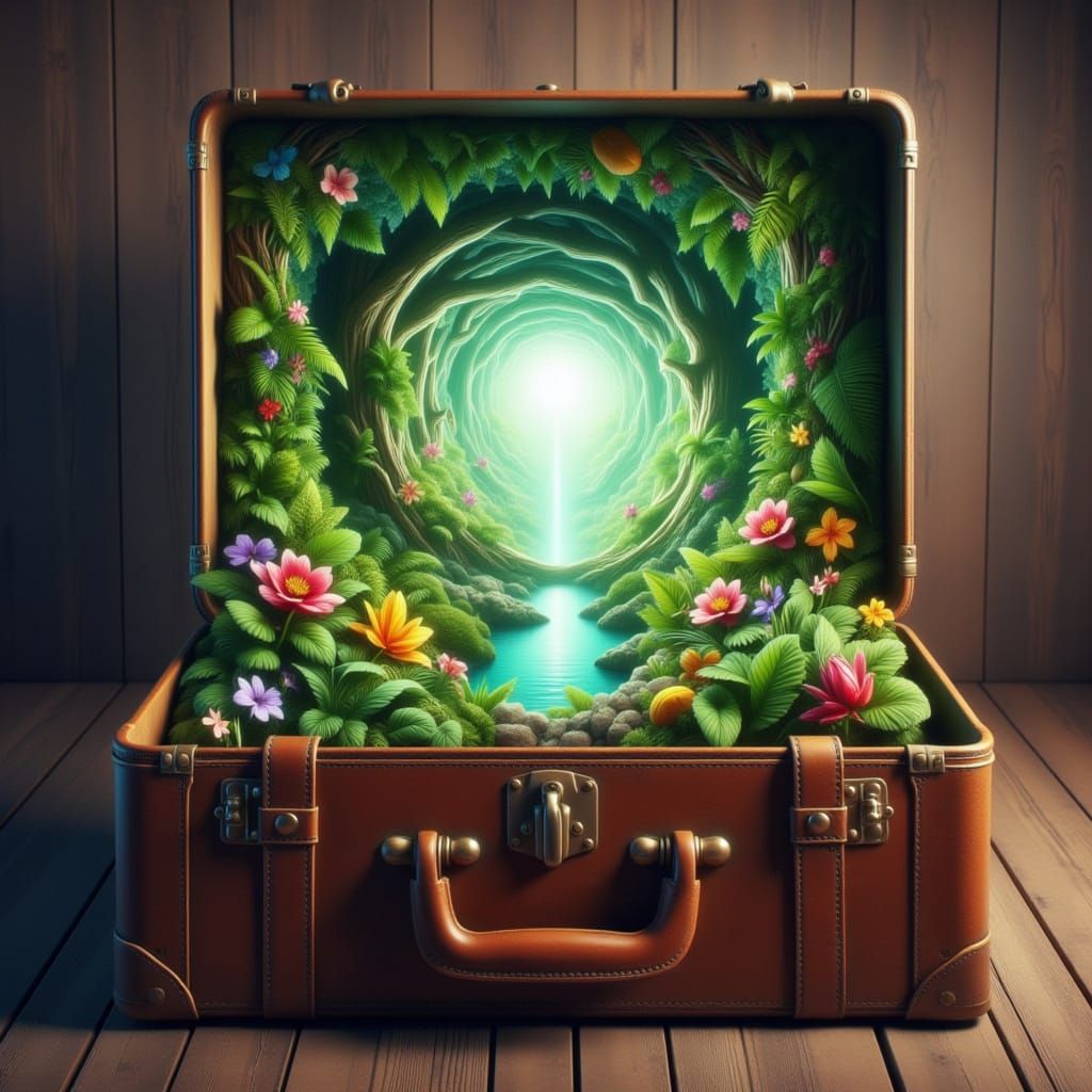<lora:Portal:1.0> beautiful suitcase portal with a jungle im...