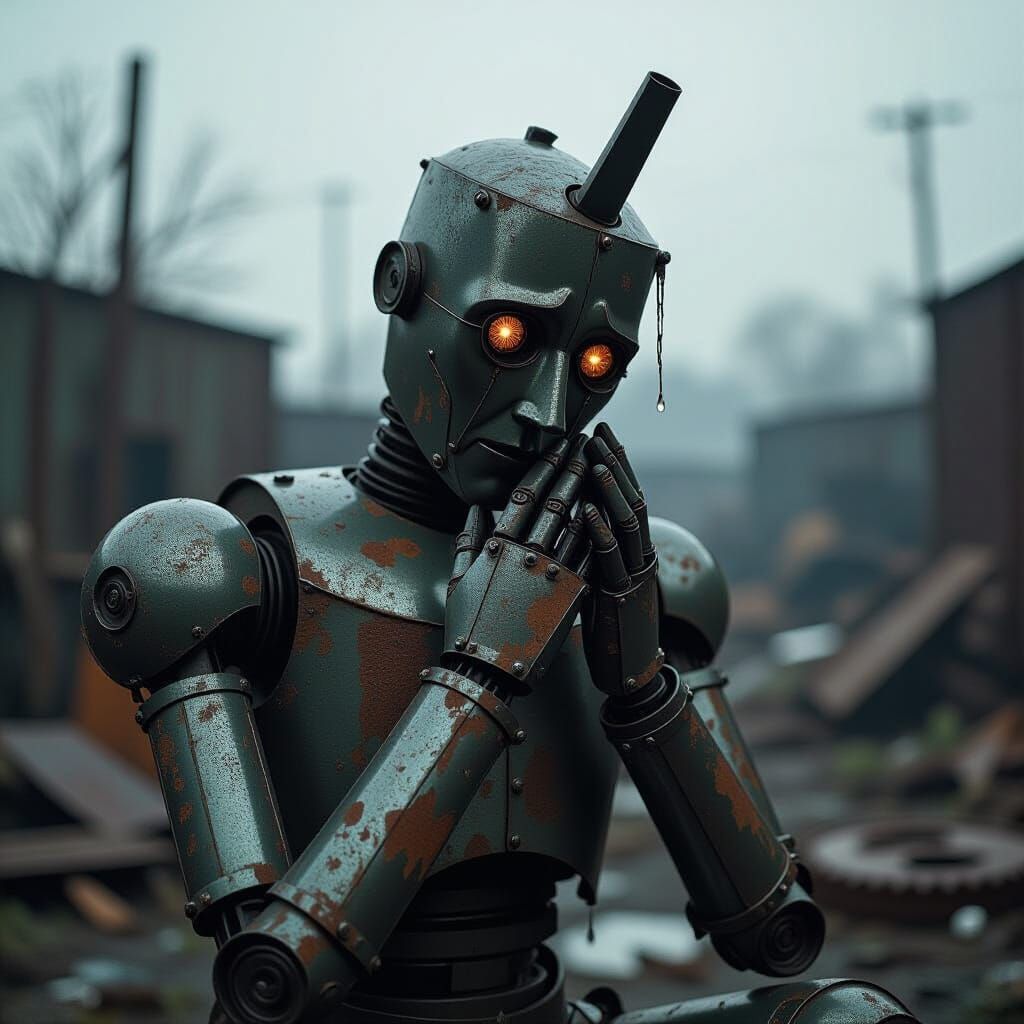 Sorrowful Tin Man Weeps Rust in Desolate Junkyard