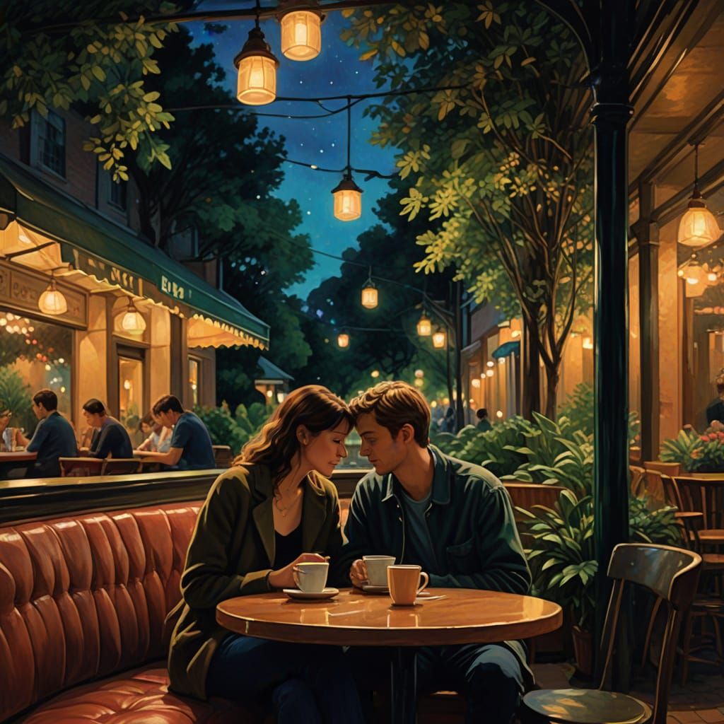 Romantic Night Cafe Scene in Impressionist Style