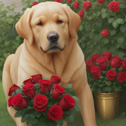 Golden Labrador Among Red Roses