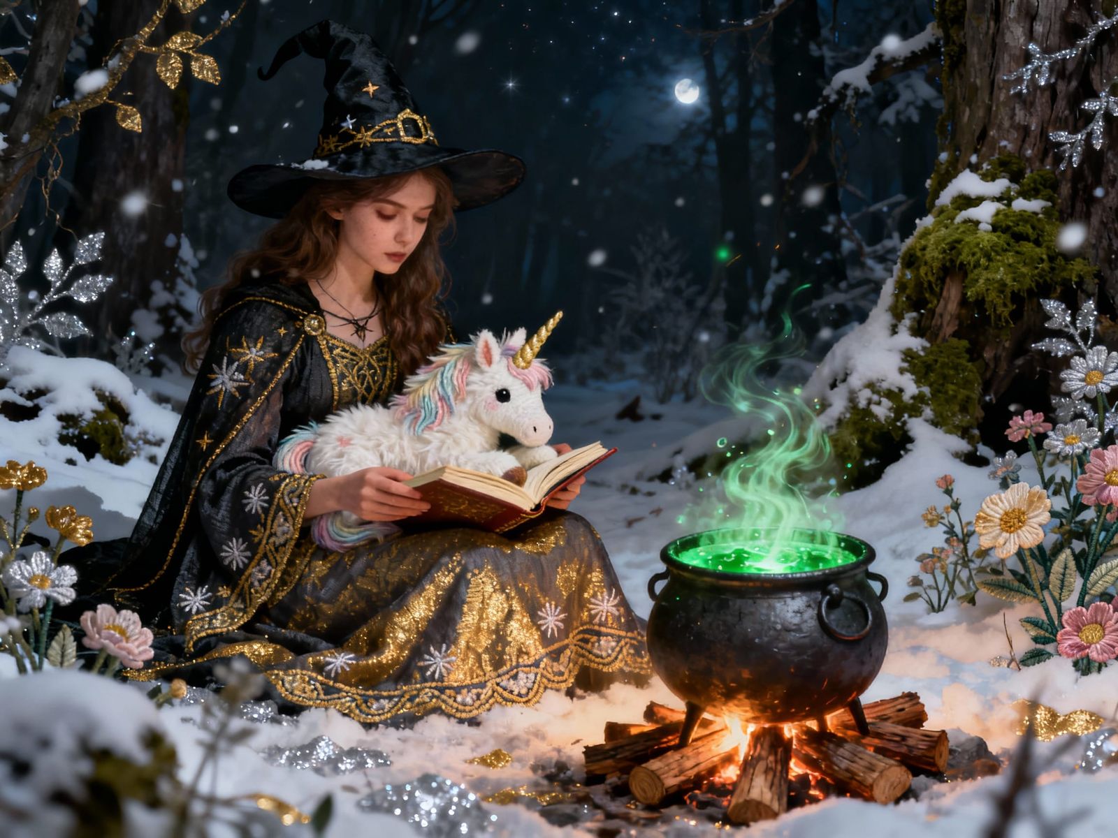 Enchanting Witch and Unicorn in Snowy Forest