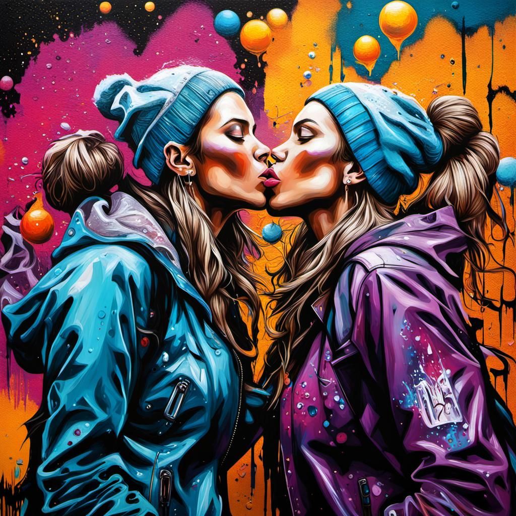 New Year's Kiss in Graffiti Art Style