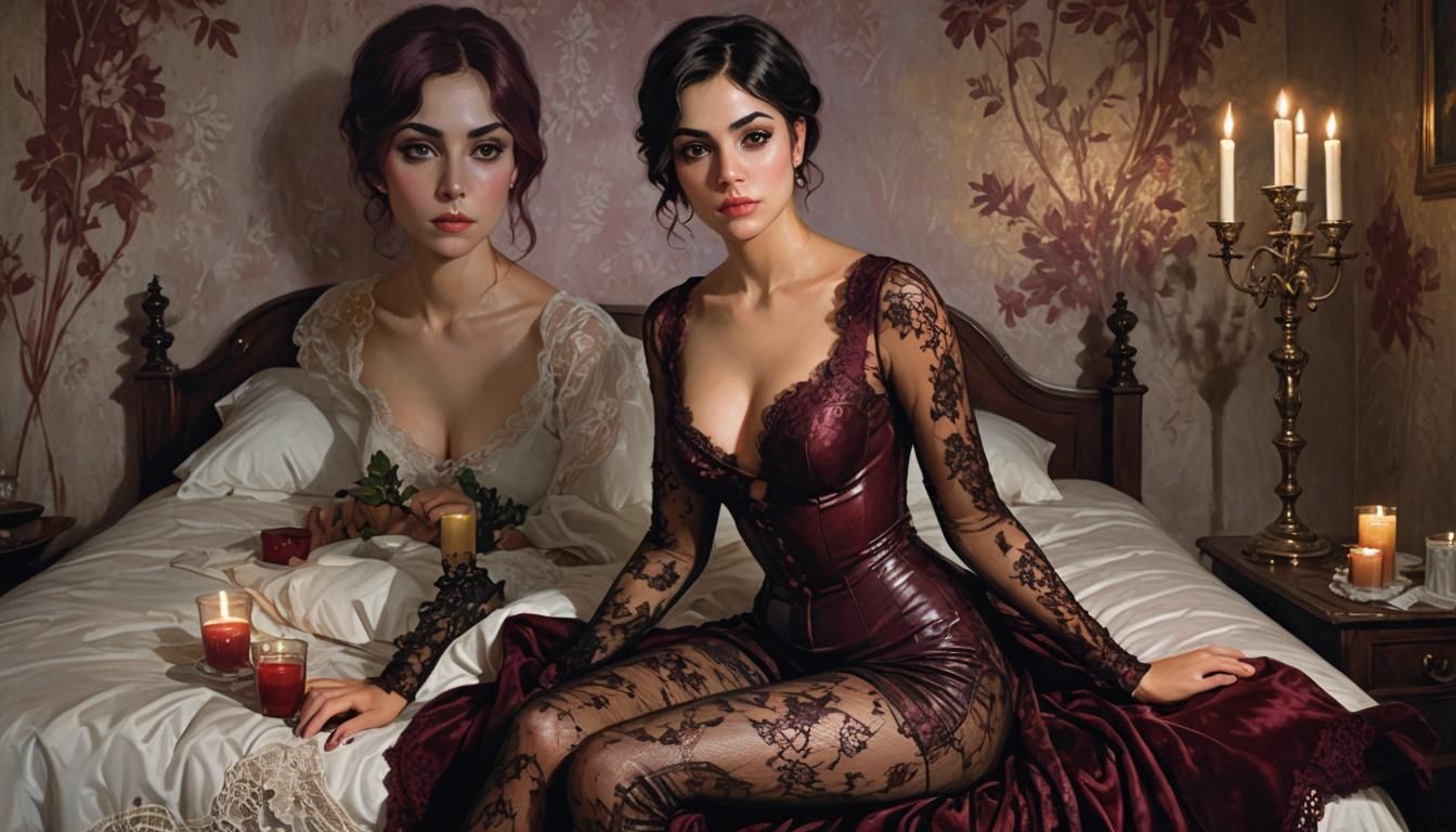 Olive Skinned Woman in Lace Lingerie, Gothic Art