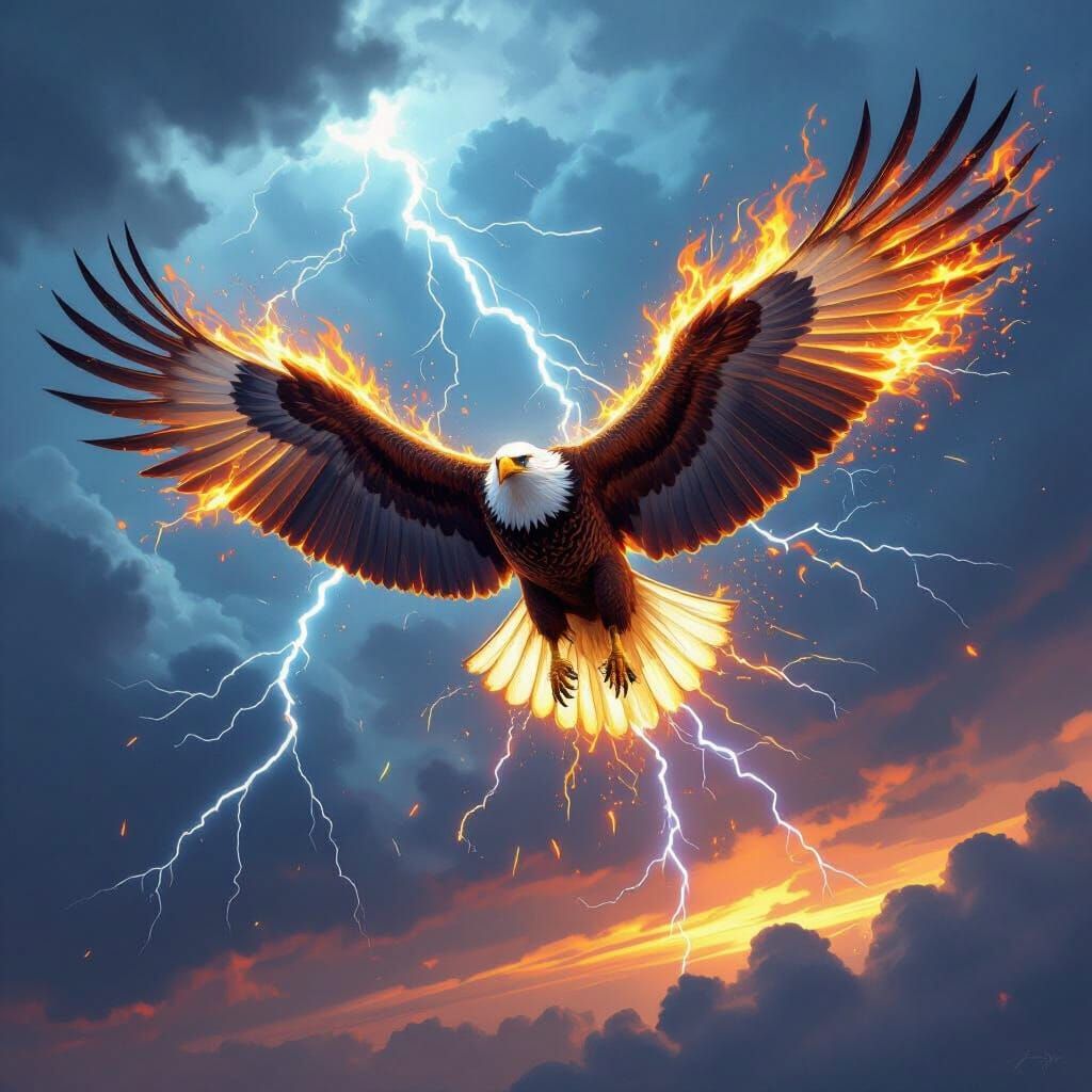 Majestic Eagle with Fiery Lightning Wings in Storm