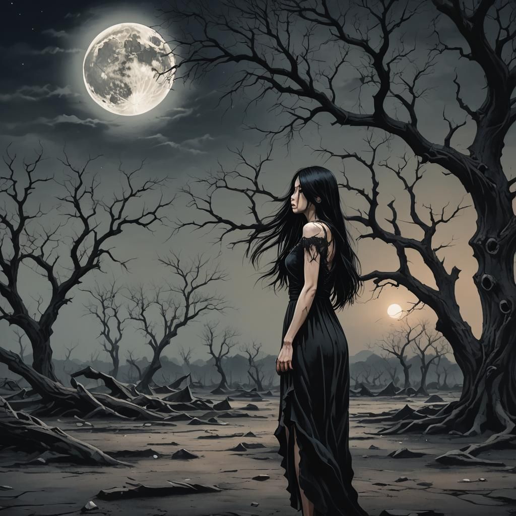 Heartbroken Woman Crying Under the Moon