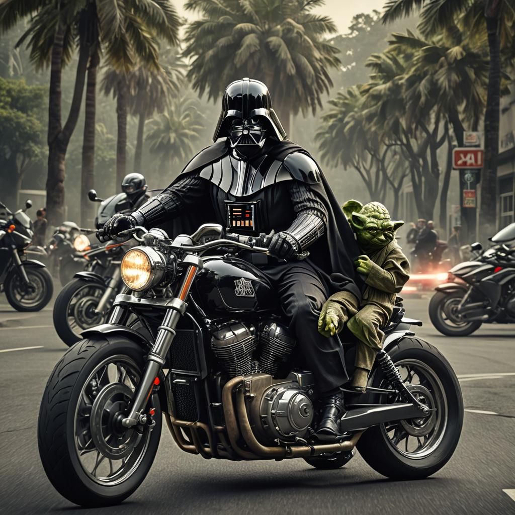 Darth Vader and Yoda Ride a Motorcycle