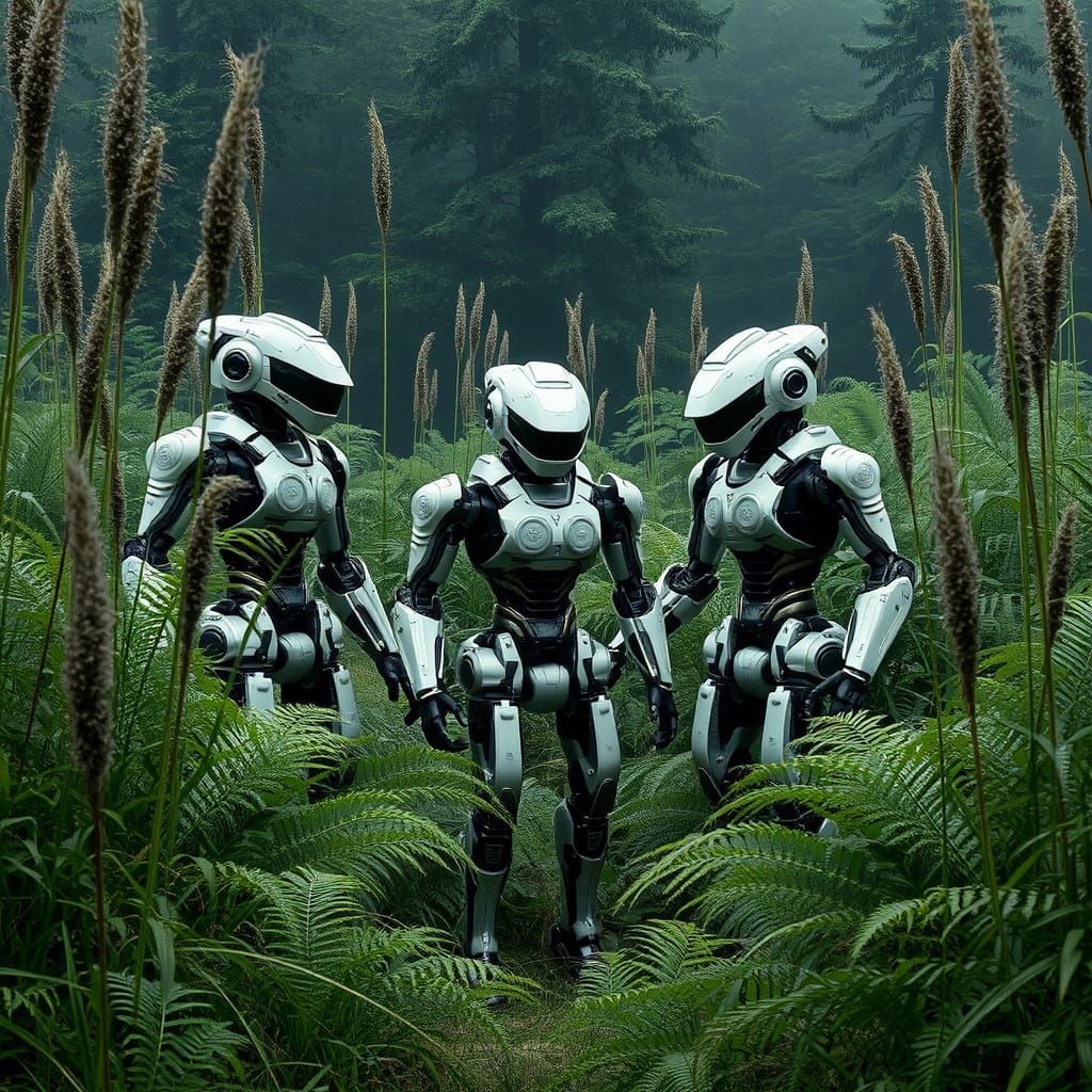 Robots in a Futuristic Fern Clearing