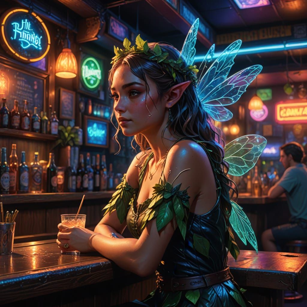Fairy in Dive Bar: Hyperrealistic Concept Art
