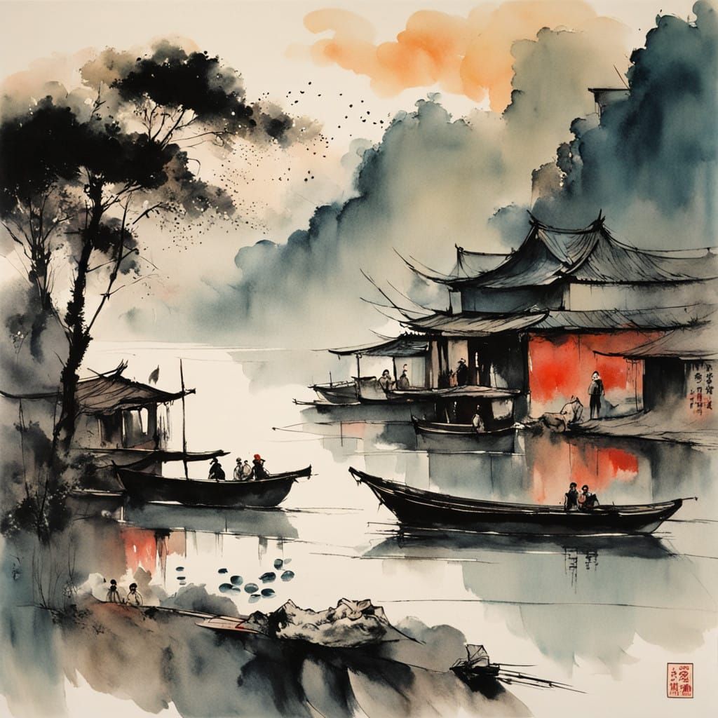 Serene Lake Town at Sunset