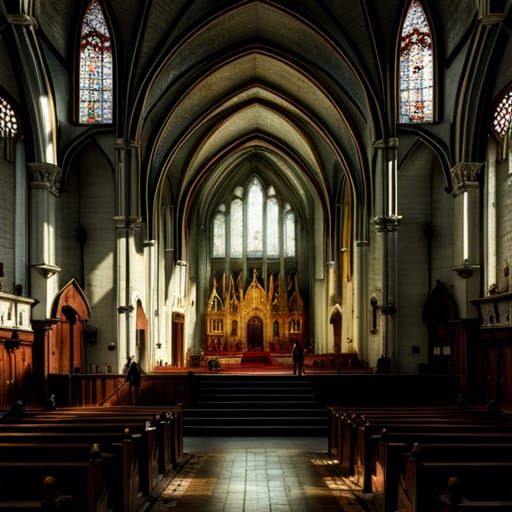 Terrifying Haunted Church Interior in Black Line Art