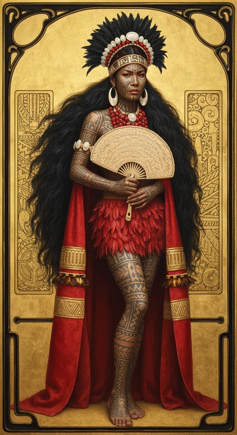 Polynesian Princess in Art Nouveau Style with Tribal Tattoos