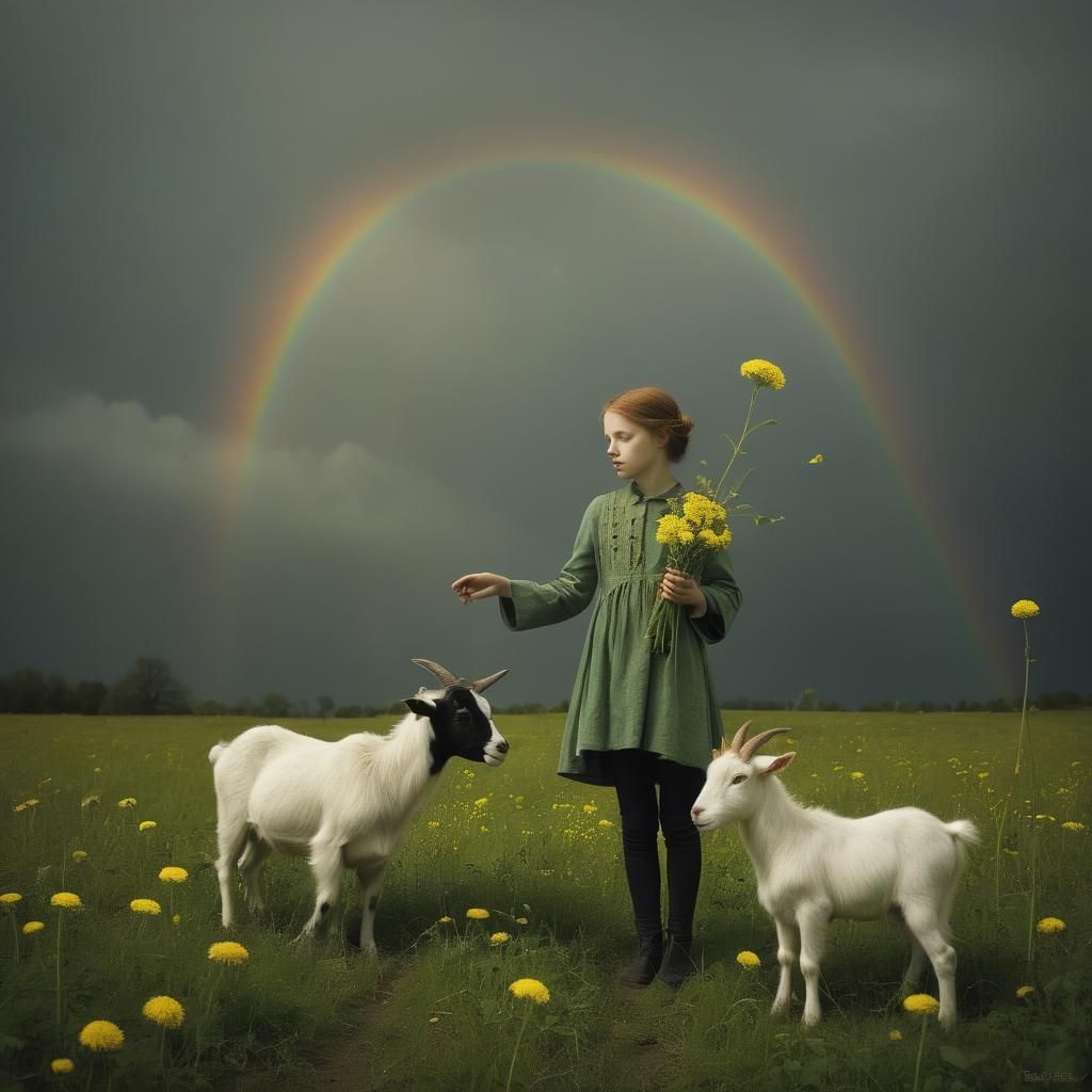 Rainbow Goat Among Dandelions in Dreamlike Style