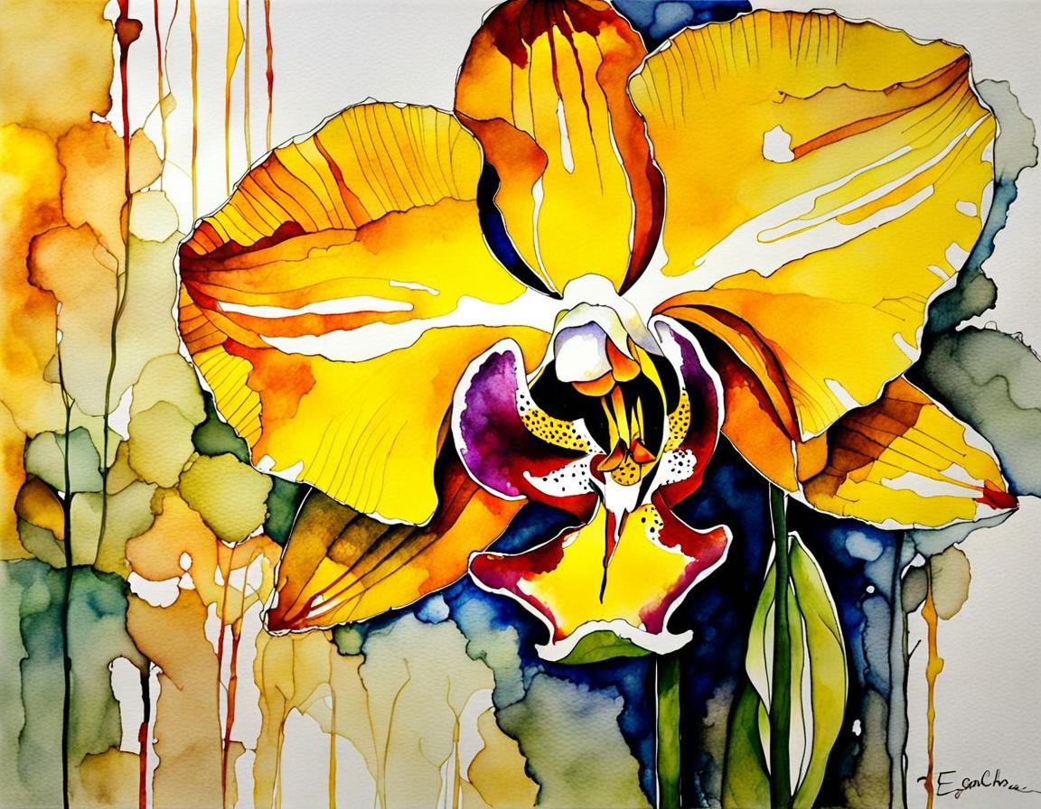 Ethereal Yellow Orchid in Expressionist Mixed Media