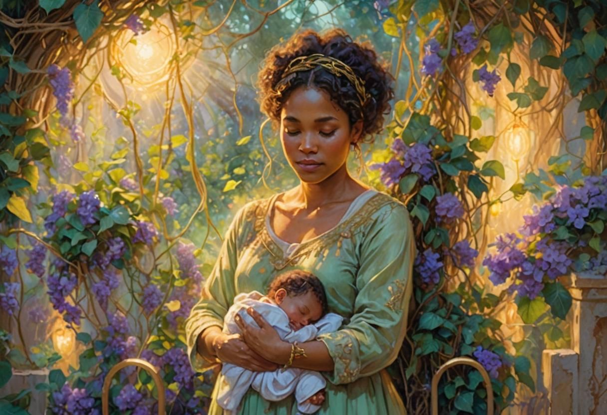 Ethereal Mother and Babies in Golden Light