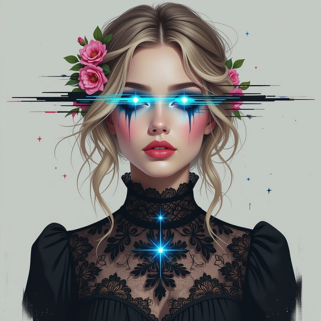 Glitch Art: Woman Fading with Black Lace Dress