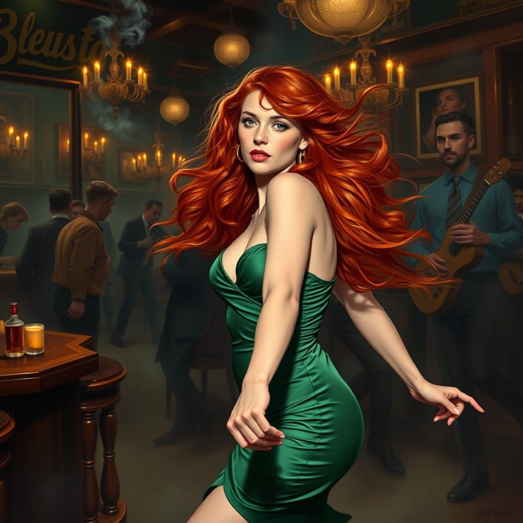 Elegant Red-Haired Woman in Emerald Dress Dancing in Blues B...