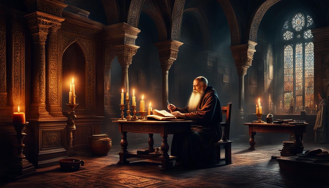 Monk Writing by Candlestick in Ancient Convent