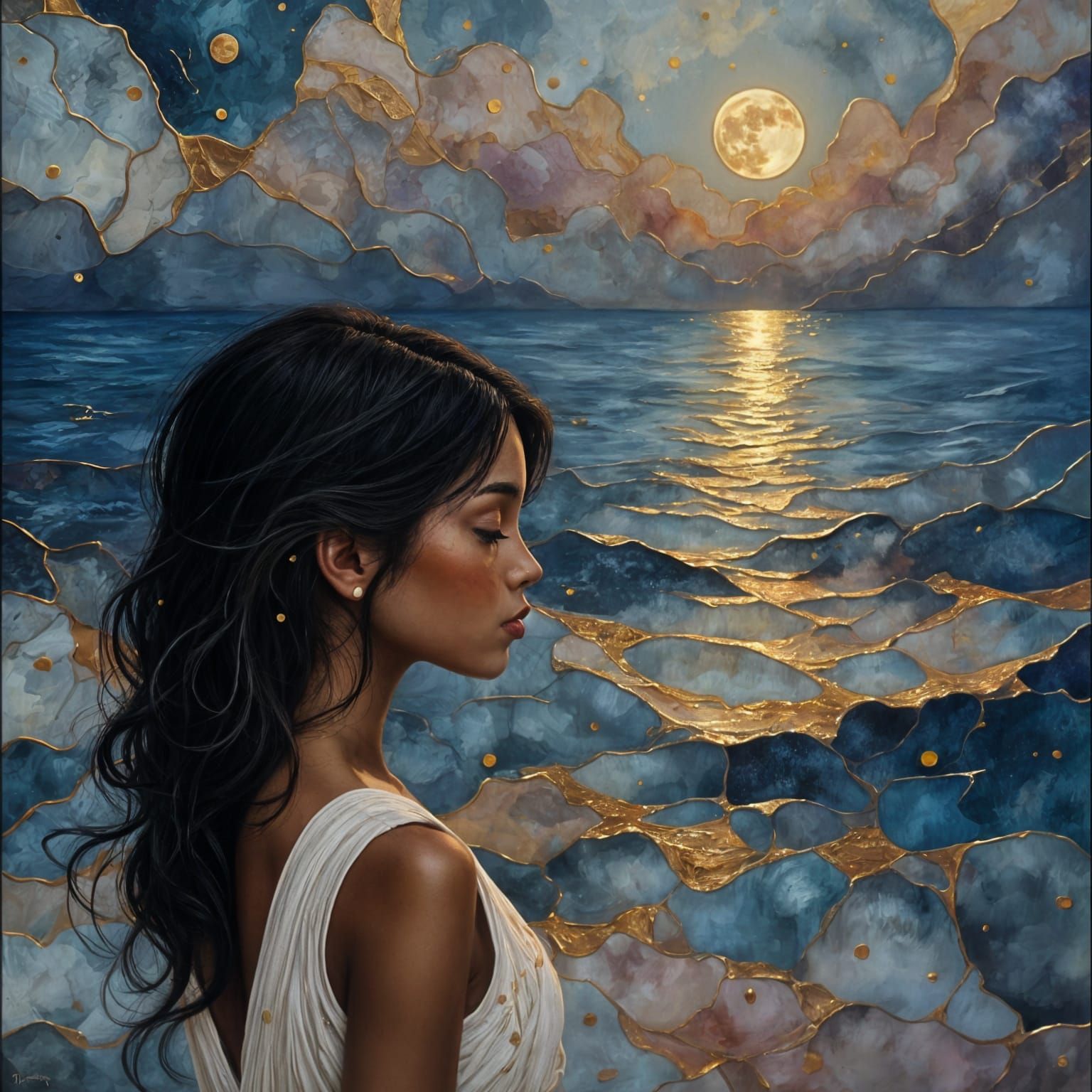 Girl Gazes at Ocean Dusk with Golden Moon Reflections