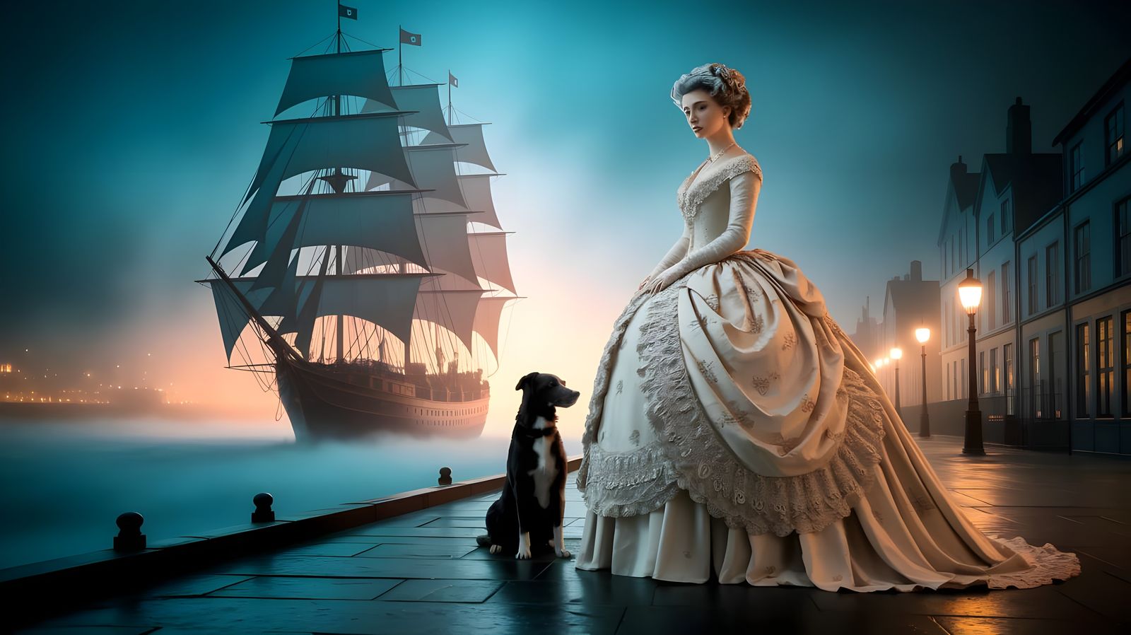 Woman and Dog Await Clipper Ship in Mist