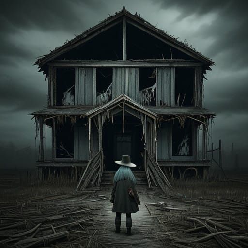 Woman Conjures Ominous Energy on Weathered House
