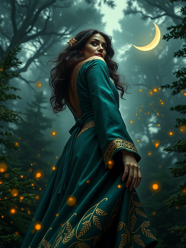 Celtic Priestess Emerges from Forest in Ethereal Light