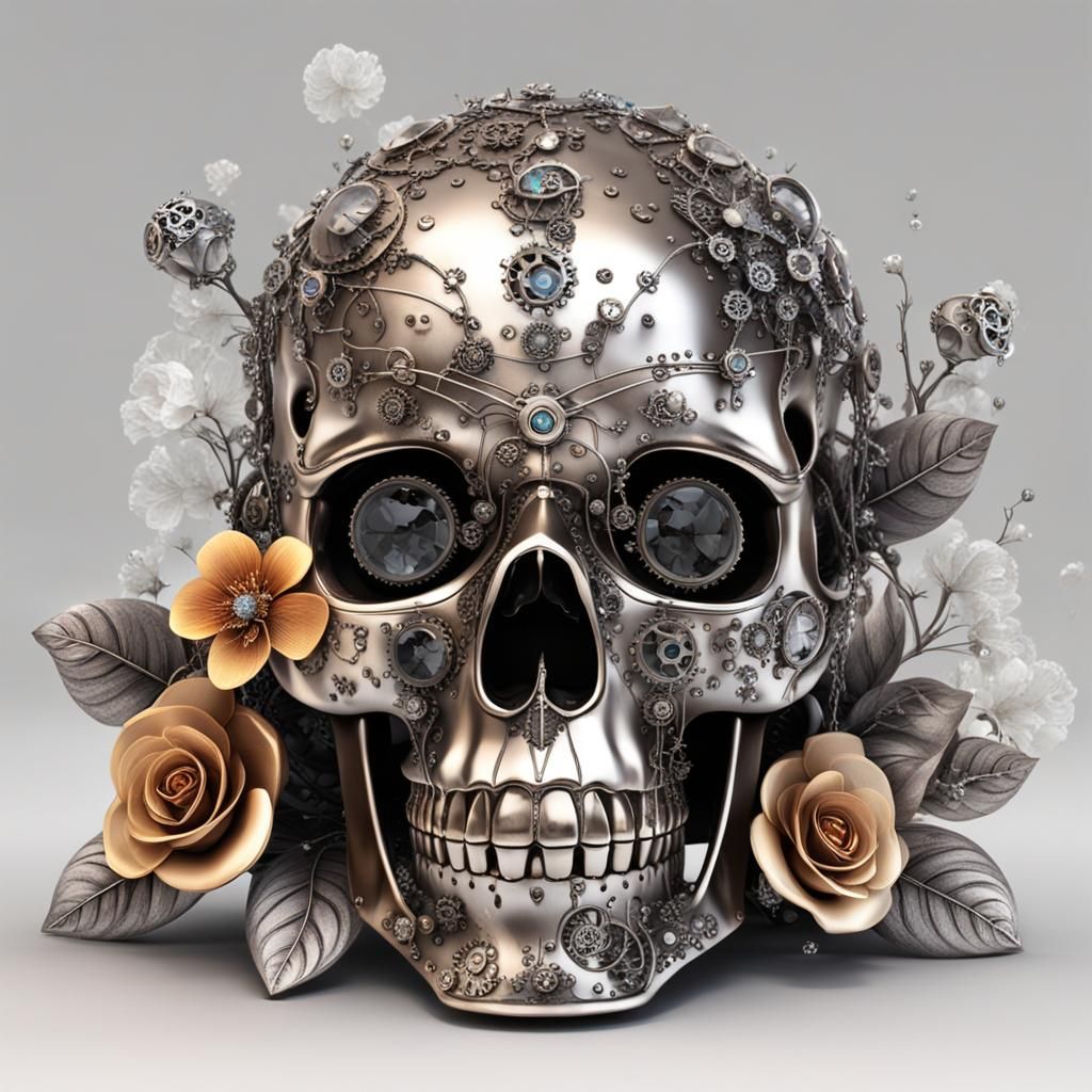 Crystal Skull with Dew Drops and Steampunk Engine