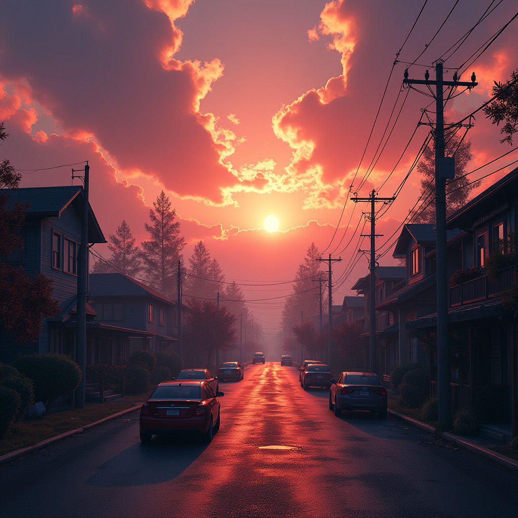 Sunset Over Suburbia: Detailed Matte Painting