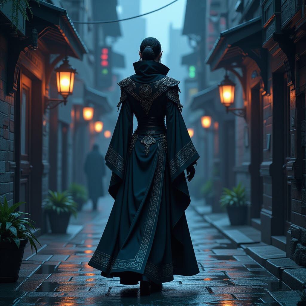 High Elf in Cyberpunk Alley, Digital Painting