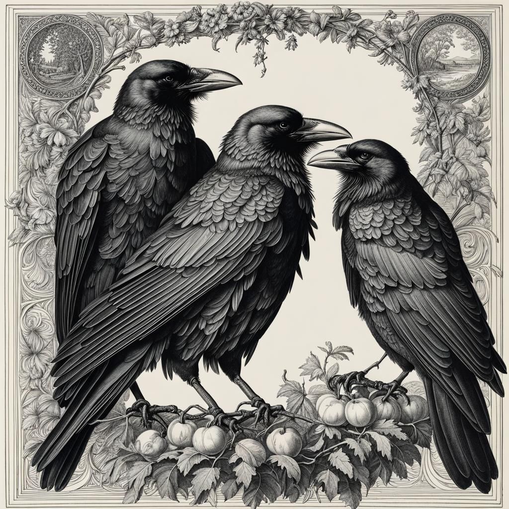 Detailed Crow Family in Line Art