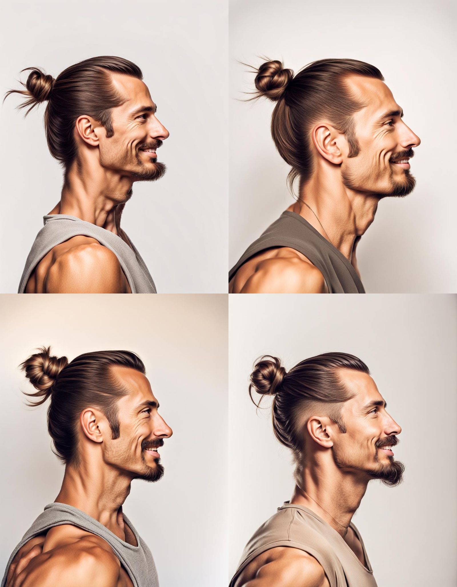 Side angle selfie on white background, tan male early 40’s with long hair put up in a high bun, attractive male with a s...