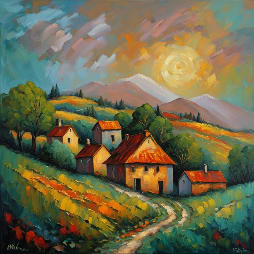 Vibrant Celtic Village Painting in Neo-Impressionist Style