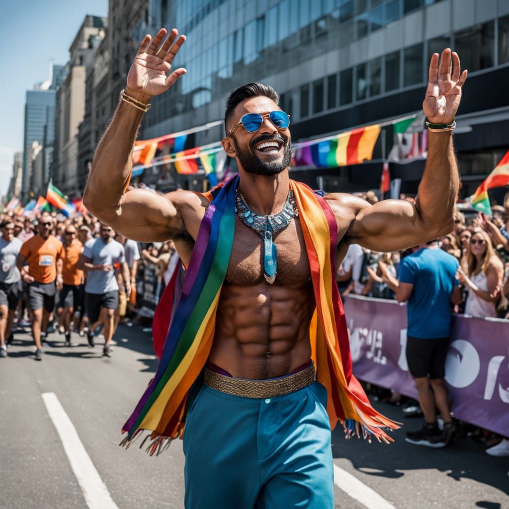 Muscular Arab Man Celebrates Pride in Vibrant Parade