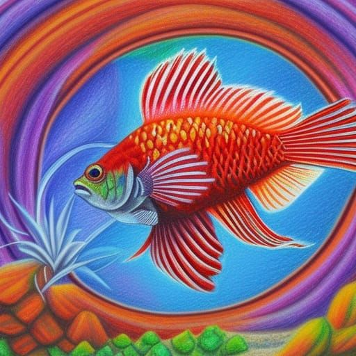 Detailed Colored Pencil Drawing of a Red Betta Fish