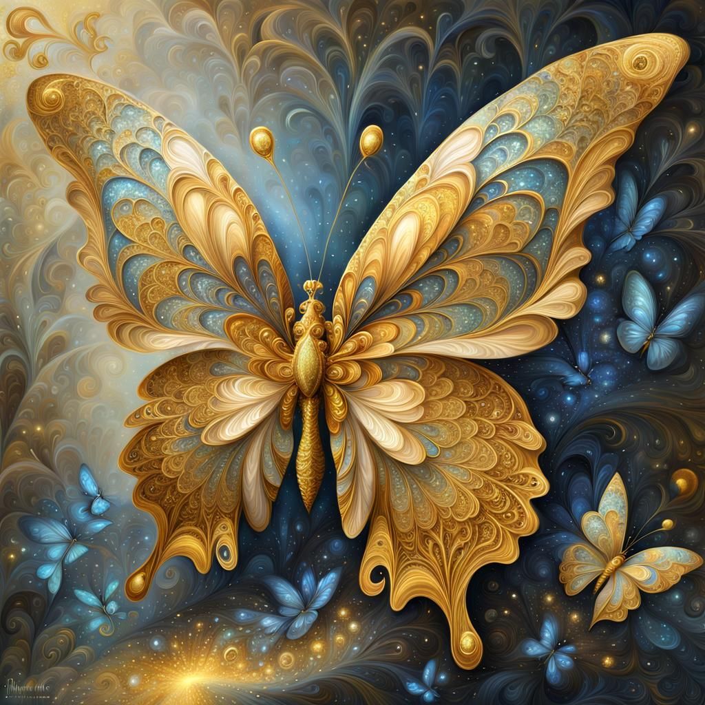 Golden Glittering Butterfly in Digital Oil Painting Style