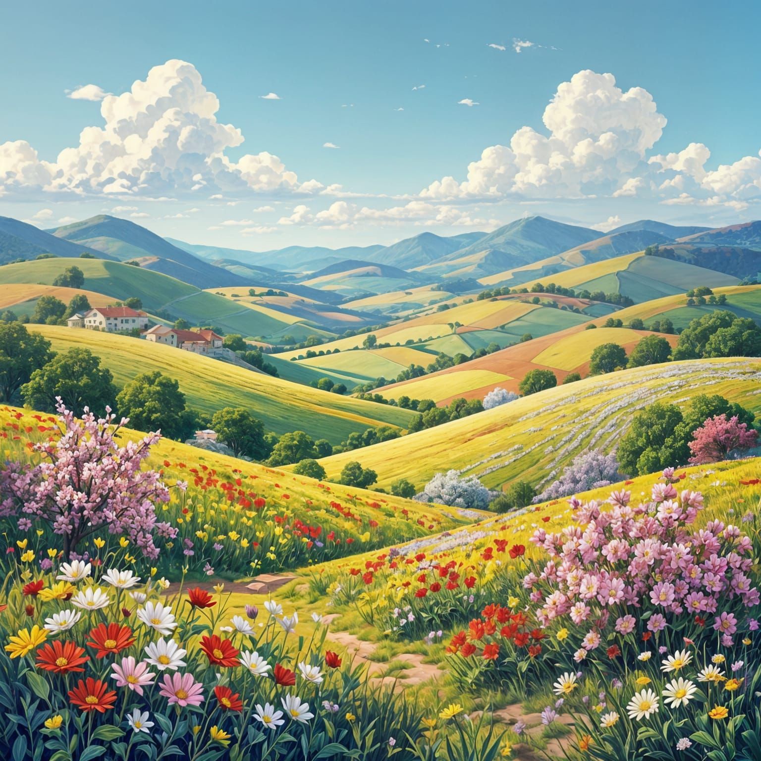 Vibrant Mosaic Landscape with Blossoming Flora