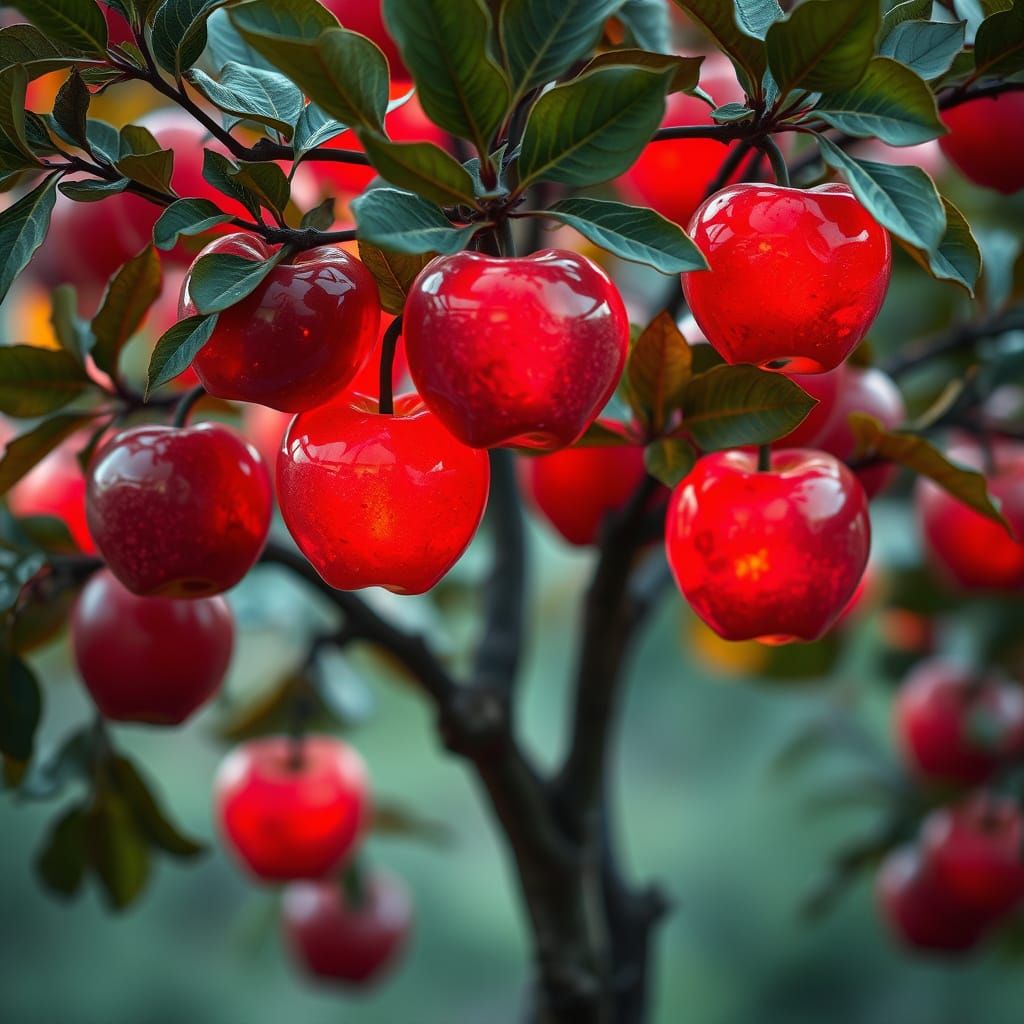 Vibrant Glass Apples Shine on Enchanted Tree