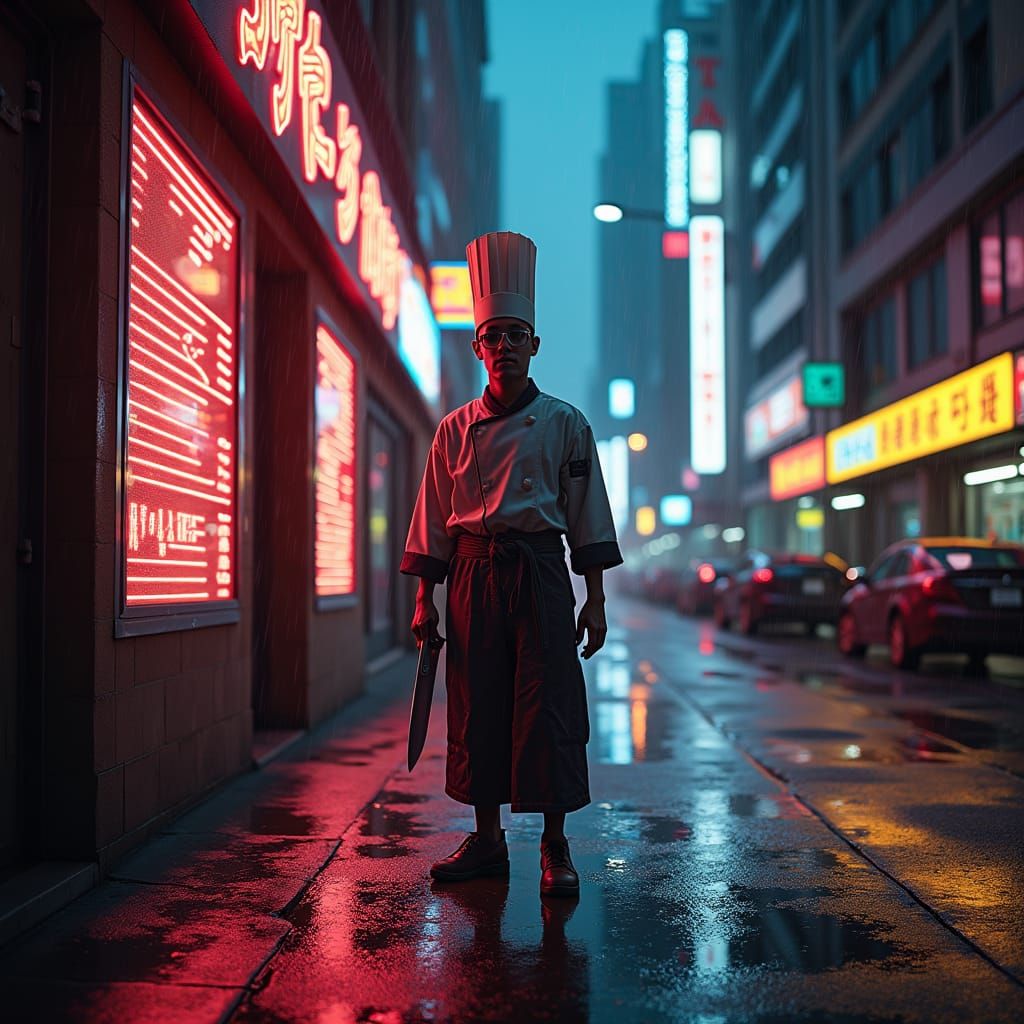 Cyberpunk Warrior Chef Stands Guard in Futuristic Metropolis