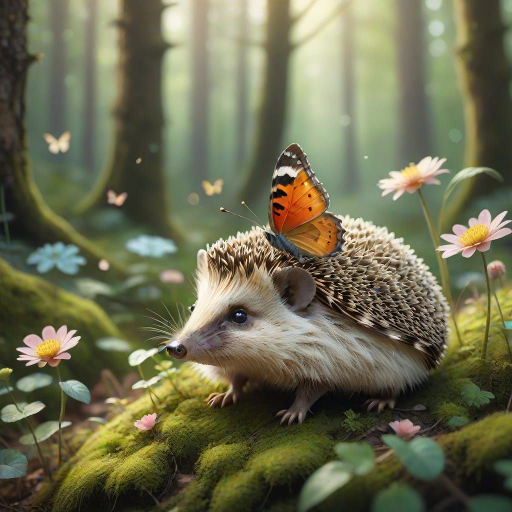 Delicate Butterfly Perches on Hedgehog's Nose in Whimsical F...
