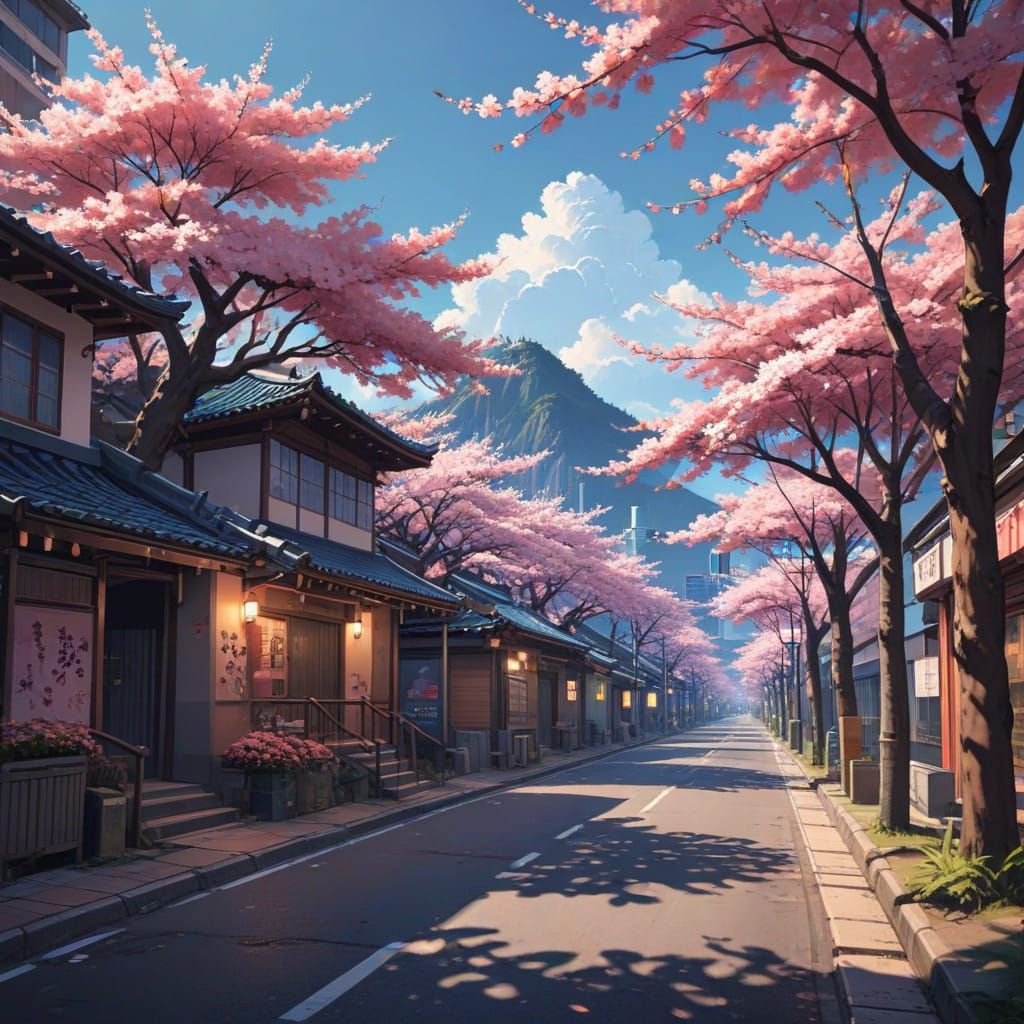 Blooming Sakura Trees in Vibrant Anime Style