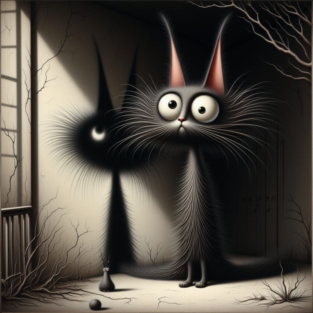 Scared Cat Facing Mysterious Shadow