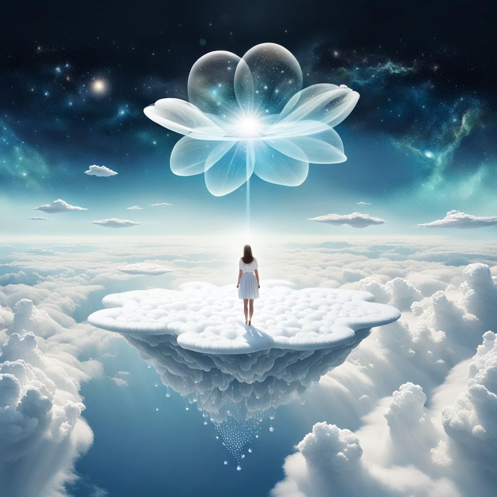Woman on Cloud Flower Gazing at Space Horizon